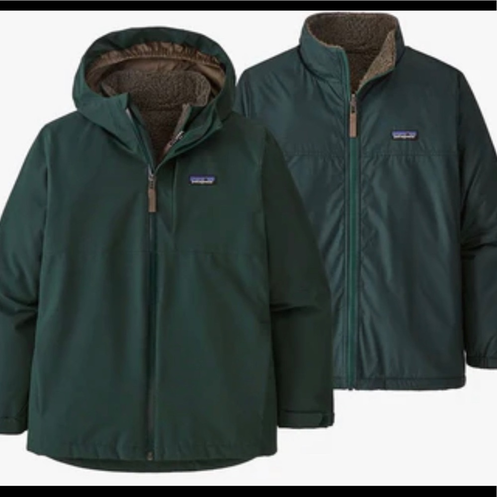 New. Never worn. Patagonia 4-in-1 winter jacket. Forest Green. Boys size XL-14